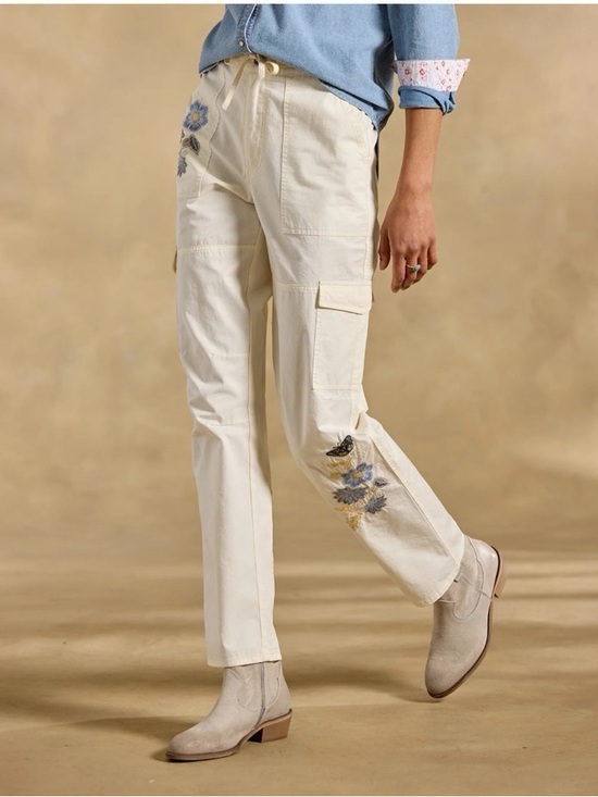 Sundance Pants - Sundance Embroidered Cream Cargo Pants with Floral Detail